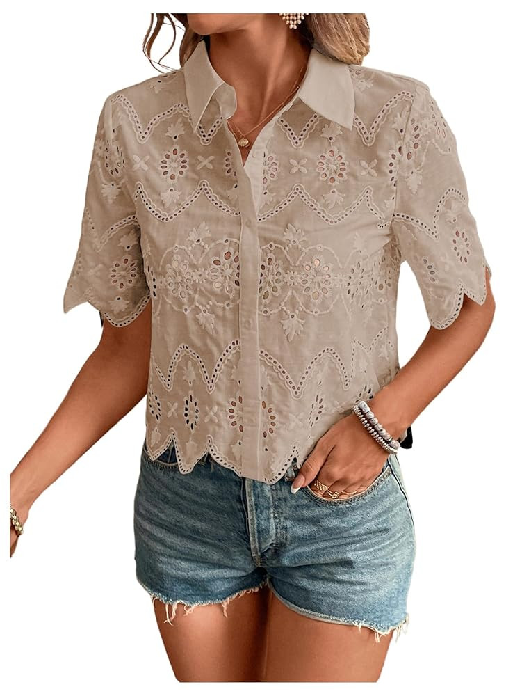 SweatyRocks Women's Short Sleeve Button Down Collared Blouses Embroidery Eyelet Top | Amazon (US)