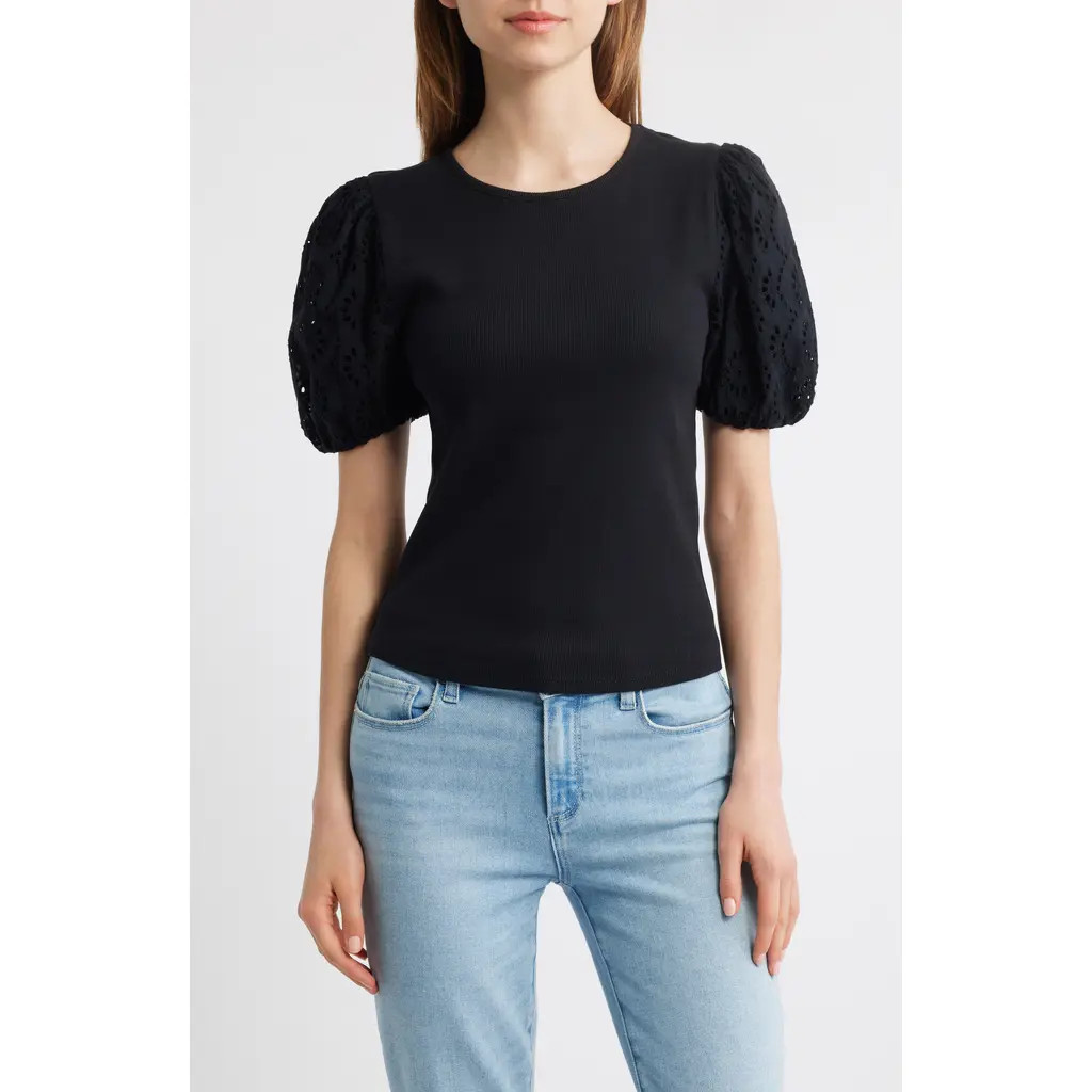 PAIGE Marina Eyelet Puff Sleeve T-Shirt in Black at Nordstrom, Size X-Small | Nordstrom
