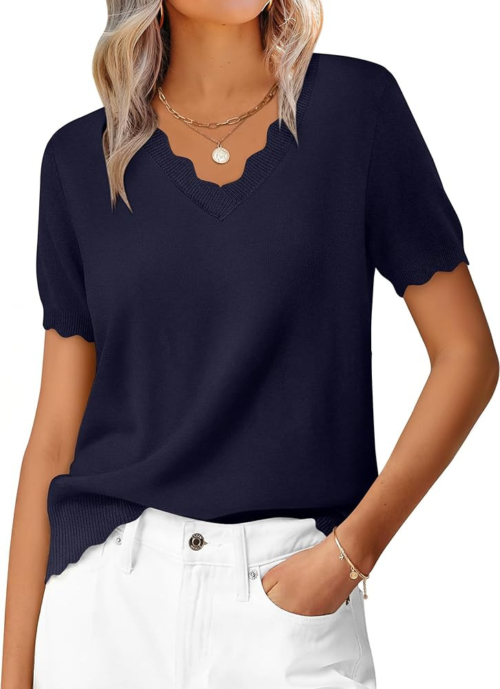 ANRABESS Women's Short Sleeve Sweater V Neck Ribbed Knit Lightweight Sweaters Tops 2026 Spring Su... | Amazon (US)