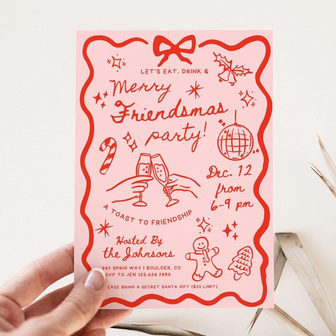Friendsmas Christmas Party Invitation Template Whimsical Hand Drawn Festive Cocktail Xmas Holiday... | Etsy (US)