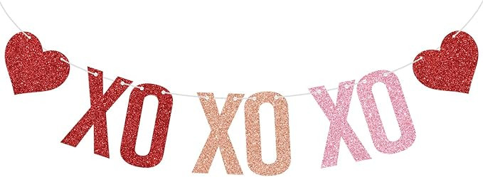 Red Glitter XO XO XO Banner, Happy Valentine's Day/Be Mine, Valentine's Day Heart Marriage Bridal... | Amazon (US)