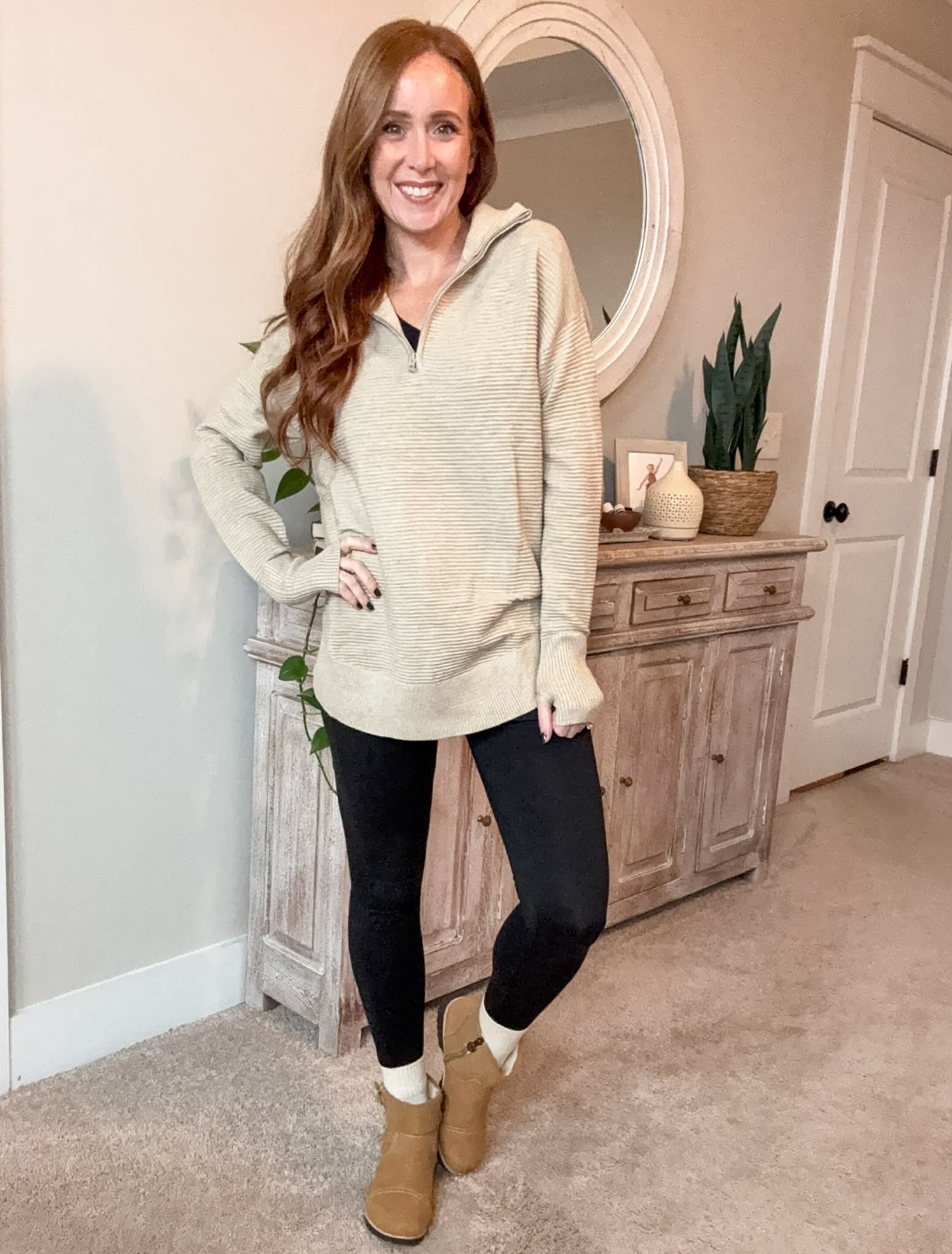 The cutest outfit for cooler weather. This tunic sweater is perfect for wearing with leggings because it has a longer length. For reference I am 5’3”, 115lbs and I got the size small. It’s stretchy, ribbed, and has thumb holes to keep hands warm. It comes in a bunch of colors, this is the light khaki color.

#LTKmomlife #LTKPetite #LTKOver40