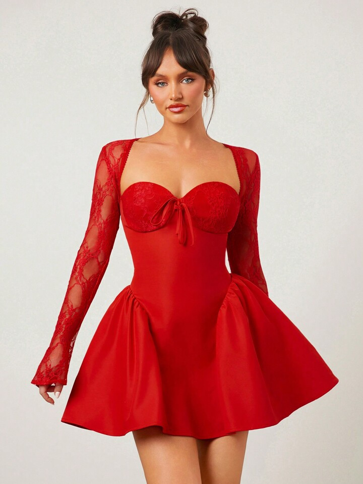 SHEIN SXY Plus Size Elegant Solid Color Lace Patchwork Red Dress For Valentine's Day | SHEIN
