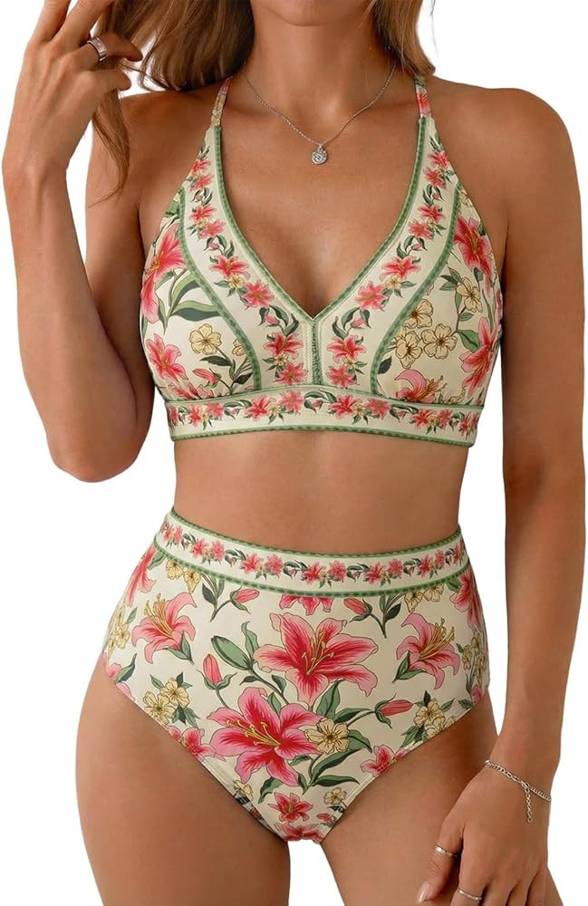 Herseas Women's Floral Print High Waisted Bikini Sets V Neck Swimsuits Bathing Suits 2026 Beach S... | Amazon (US)