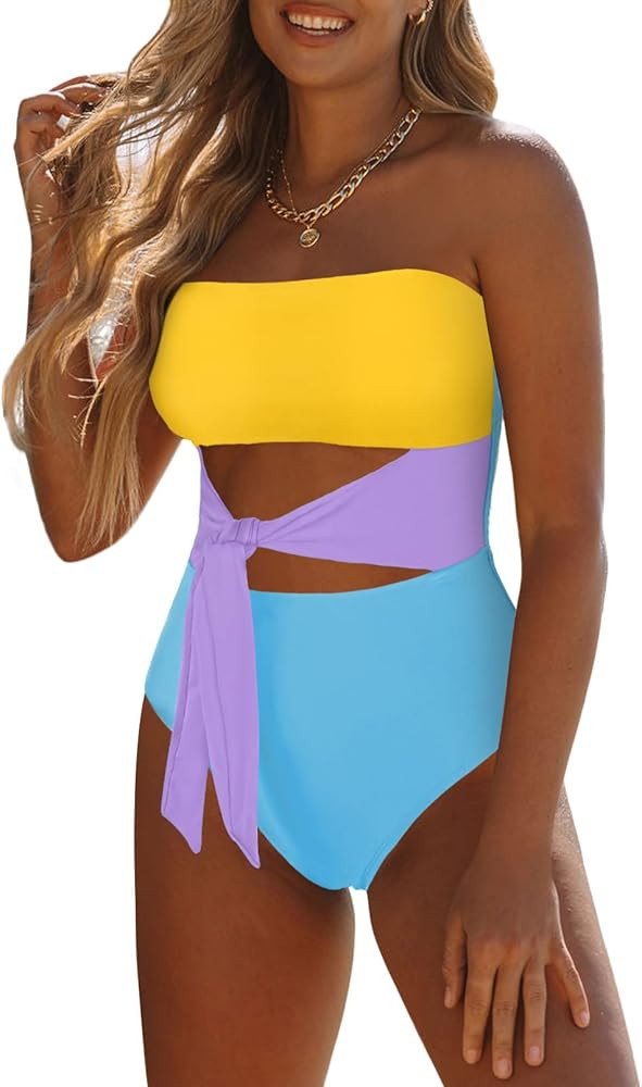 Viottiset Women's Bandeau One Piece Swimsuit Strapless Tie High Cut Out Bathing Suit | Amazon (US)