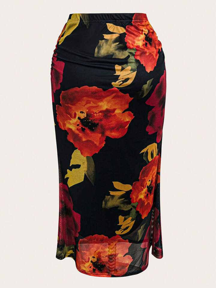 SHEIN Mulvari Plus Size Women's Elegant Floral Printed Skirt, For Dating, Party, Beach, Holiday, ... | SHEIN