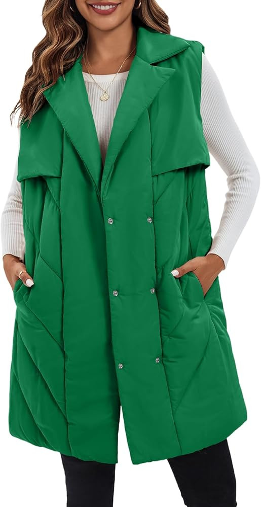 Fazortev Womens Long Quilted Puffer Vest Sleeveless Warm Down Jackets Coats with Pockets | Amazon (US)
