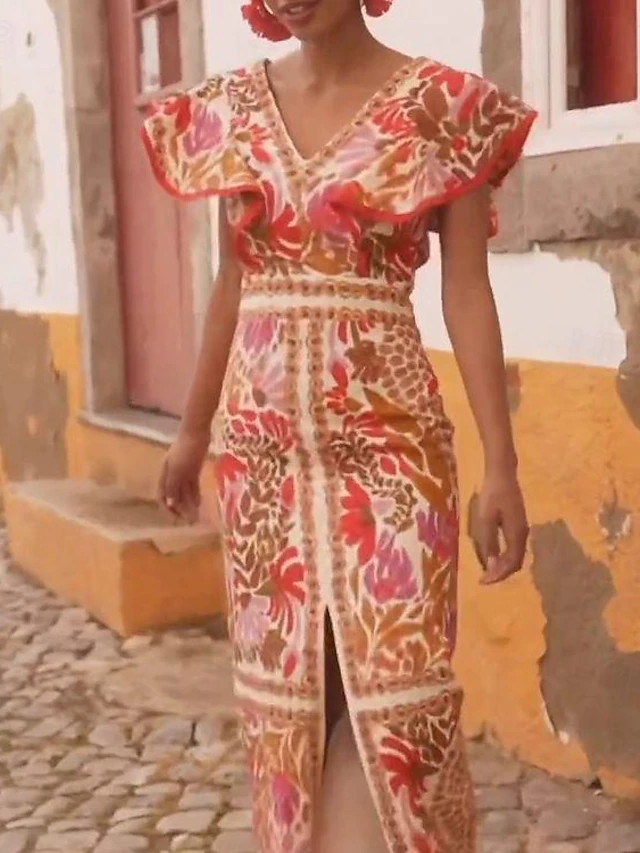 Women's Graphic Color Block Backless Split Thigh V Neck Flutter Sleeve Midi Dress Elegant Stylish... | Lightinthebox