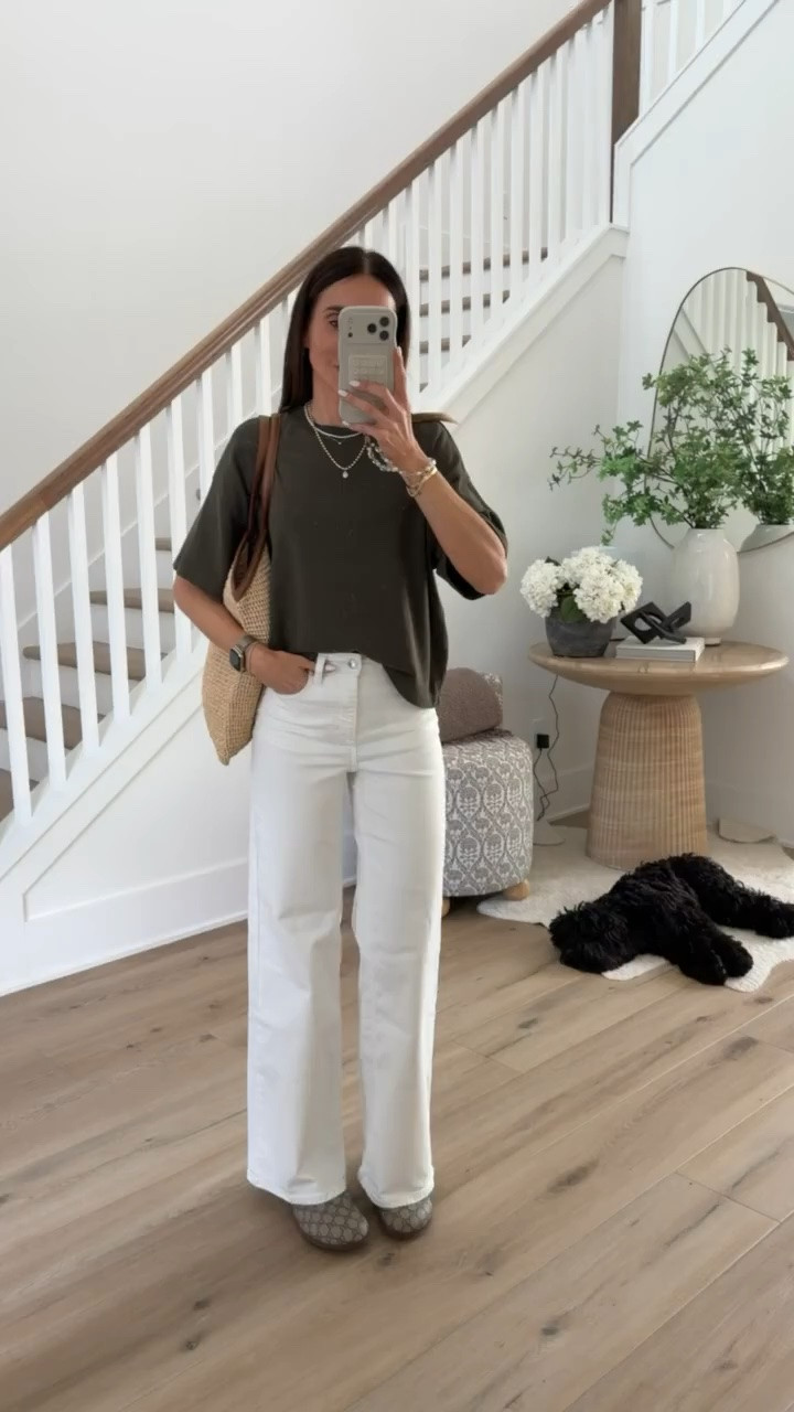 This outfit is proof that basics never have to be boring. The oversized olive tee paired with crisp white denim creates the perfect elevated everyday look, and the raffia tote adds that effortless summer touch. Easy, comfortable, and chic for everything from errands to lunch with friends.

Olive tee outfit, White jeans outfit, Summer basics, Casual chic style, Everyday outfit inspiration, Raffia tote bag, Neutral summer fashion, Elevated casual look, Weekend outfit, Capsule wardrobe staples, Summer style ideas, annabrstyle

#LTKootd #LTKSeasonal #LTKOver40