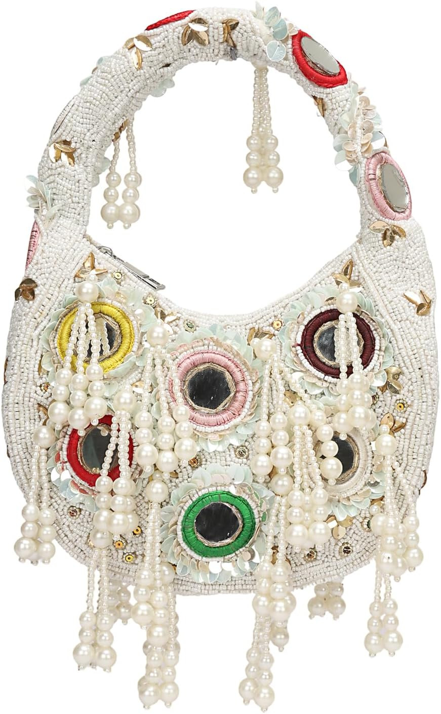 LONGING TO BUY Beaded Women Clutch Bag, White, Pearl Tassel Embellished with Mirror Accents, Handcrafted Evening Purse | Amazon (US)