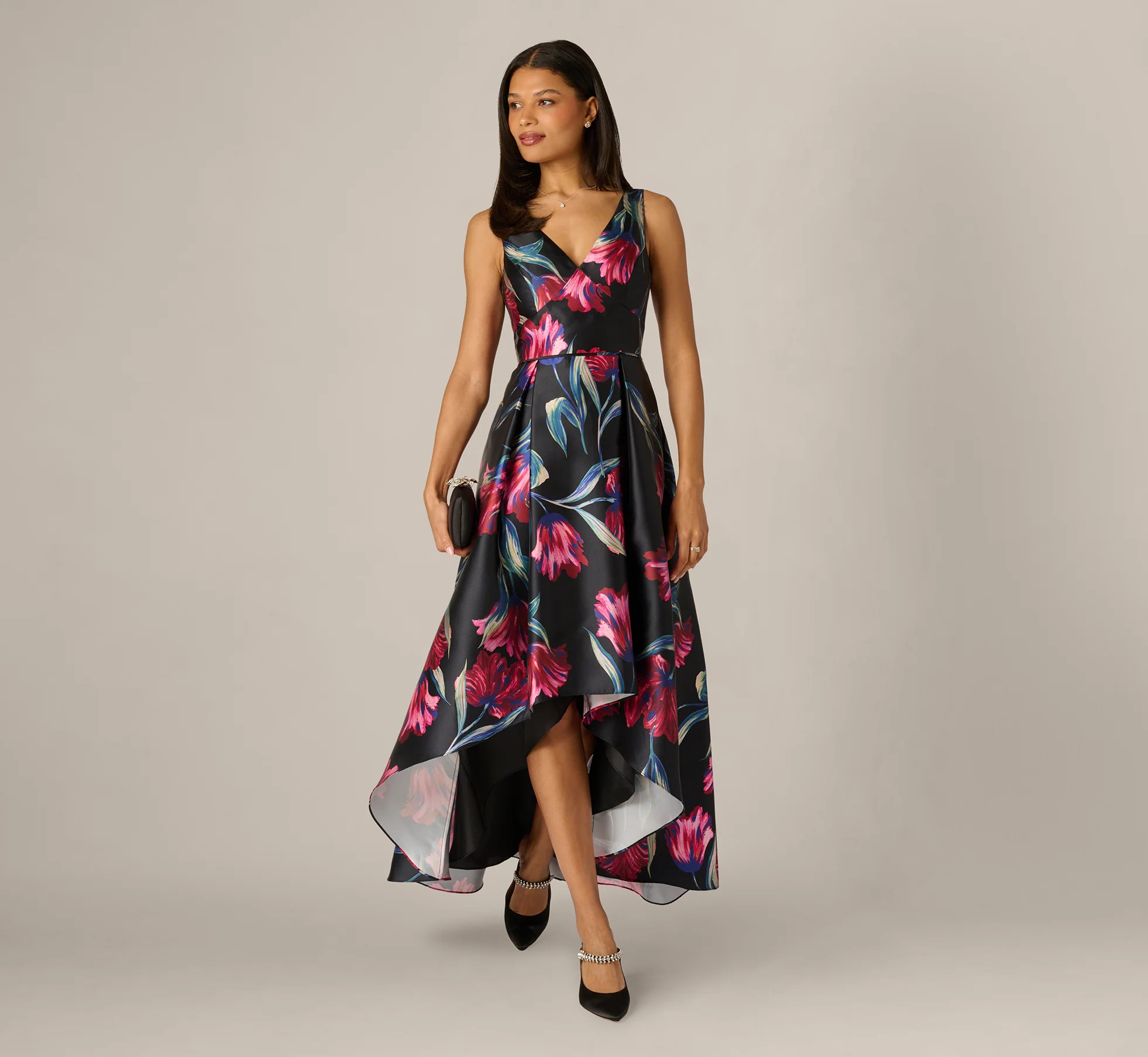 Multi Colored Floral Print Mikado High Low Gown - Adrianna Papell | Adrianna Papell