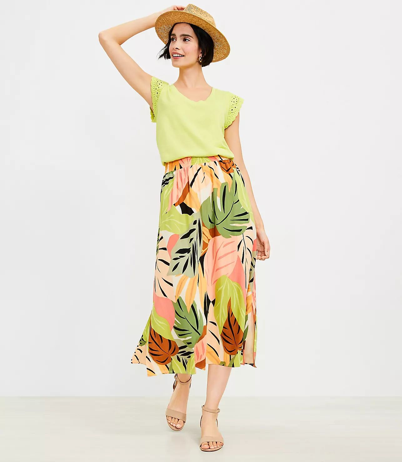 Palm Smocked Midi Skirt | LOFT