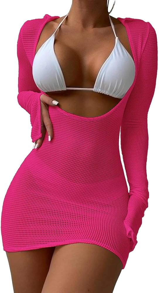 Lilosy Sexy Long Sleeve Mesh Swimsuit 3 Pieces Cover Up Bikini Set | Amazon (US)