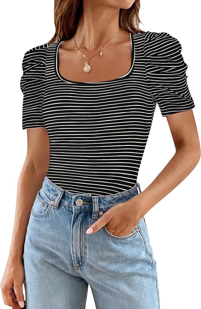 MEROKEETY Women's Square Neck Puff Sleeve T Shirts 2024 Summer Casual Striped Basic Tee Tops | Amazon (US)