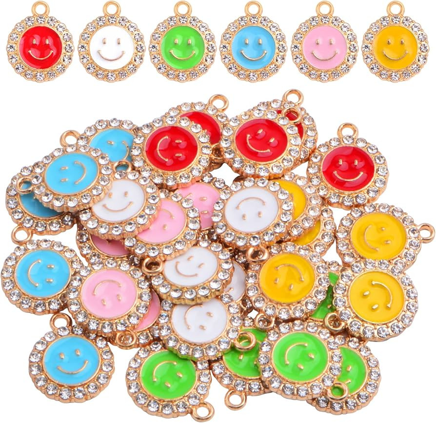 30pcs Enamel Smiley Face Charms Alloy Happy Smiling Face Dangle Pendants with Rhinestone Jewelry Findings for DIY Bracelet Necklace Earrings Crafts Decor, 6 Colors | Amazon (US)