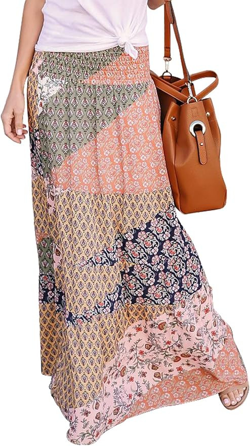 Happy Sailed Womens Floral Print Boho Maxi Skirt Elastic High Waist Pleated Ruffle Flowy Long Ski... | Amazon (US)
