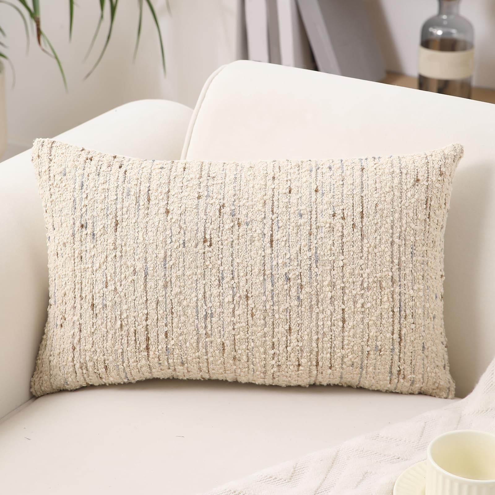 Textured Boucle Lumbar Pillow Covers 12x20 Neutral Striped Throw Pillows Soft Modern Farmhouse Pi... | Amazon (US)
