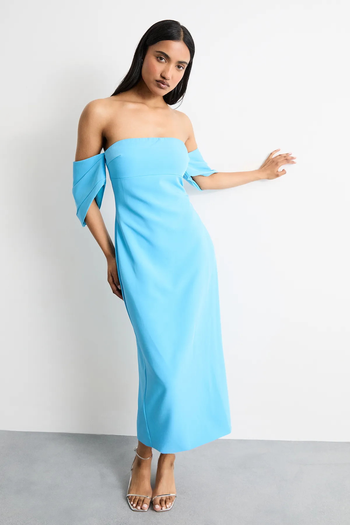 Blue Warehouse Stretch Crepe Bardot Column Midi Dress | Boohoo | Boohoo.com (UK & IE)