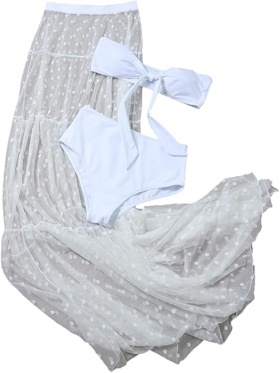 SheIn Women's 3 Pieces Tie Front Tube Top Bikini Swimsuit and Swimwear Cover Up Beach Skirt | Amazon (US)