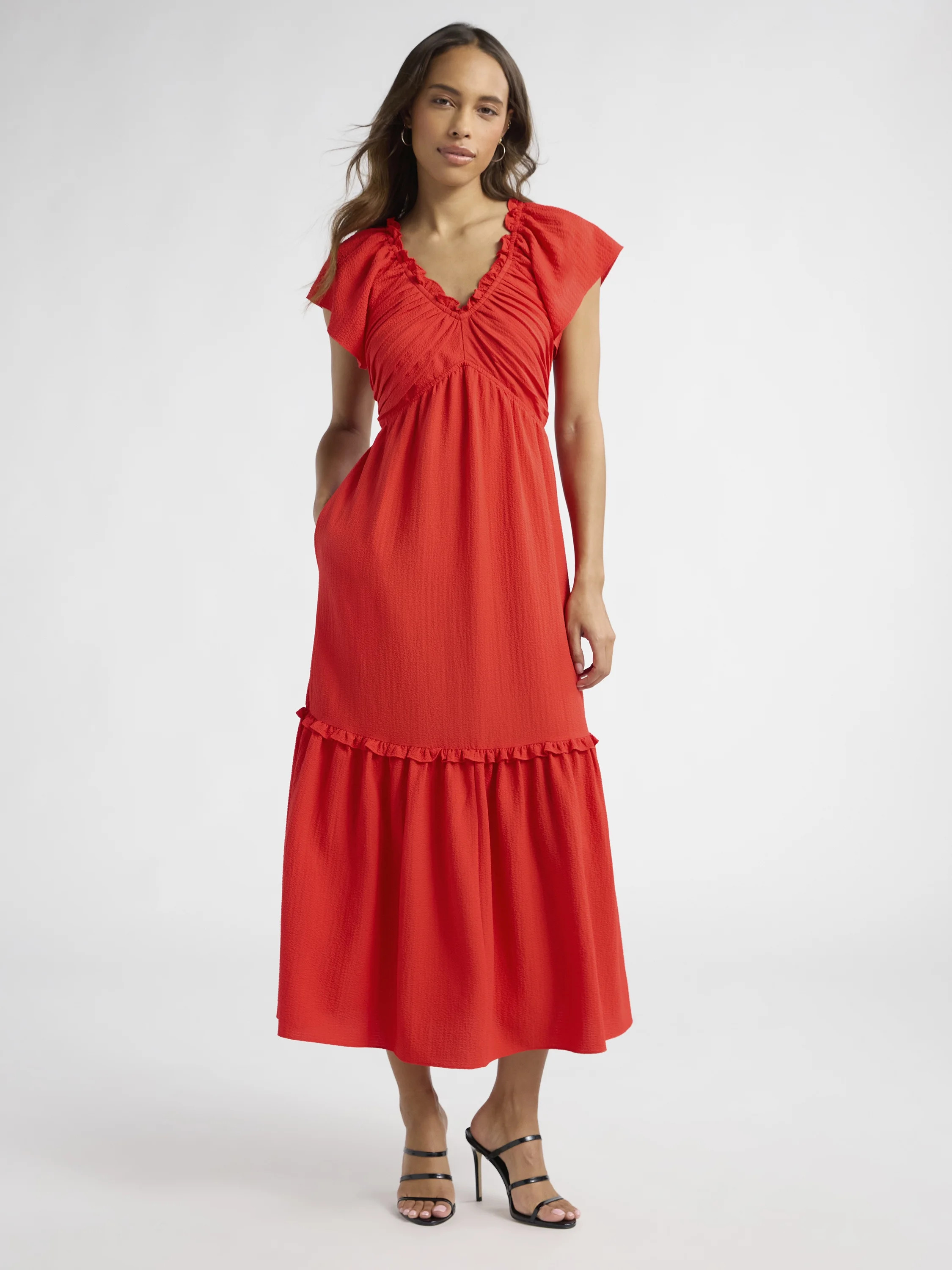 Sofia Jeans Women's V Neck Dress with Flutter Sleeves, Below Calf Length, Sizes XS-XXXL | Walmart (US)