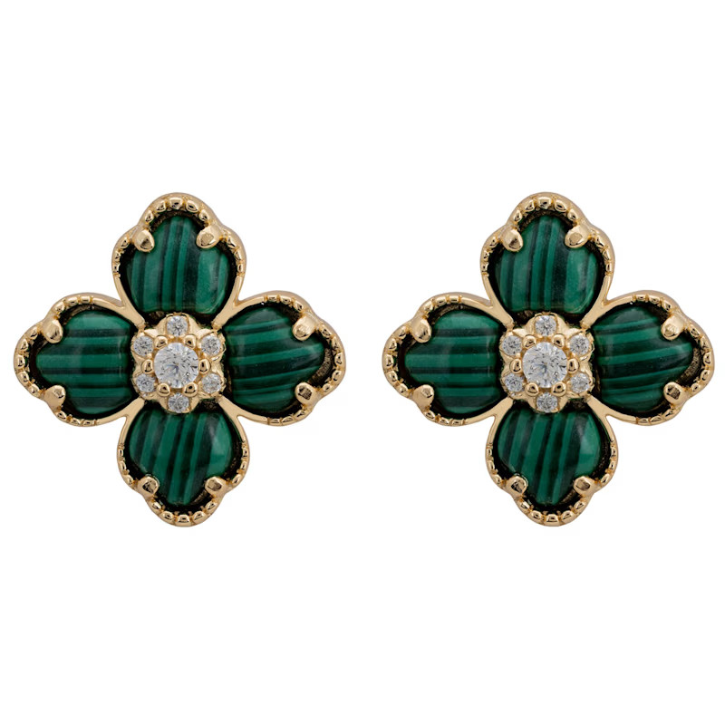Flower Clover Malachite Stud Earrings Gold | Wolf & Badger
