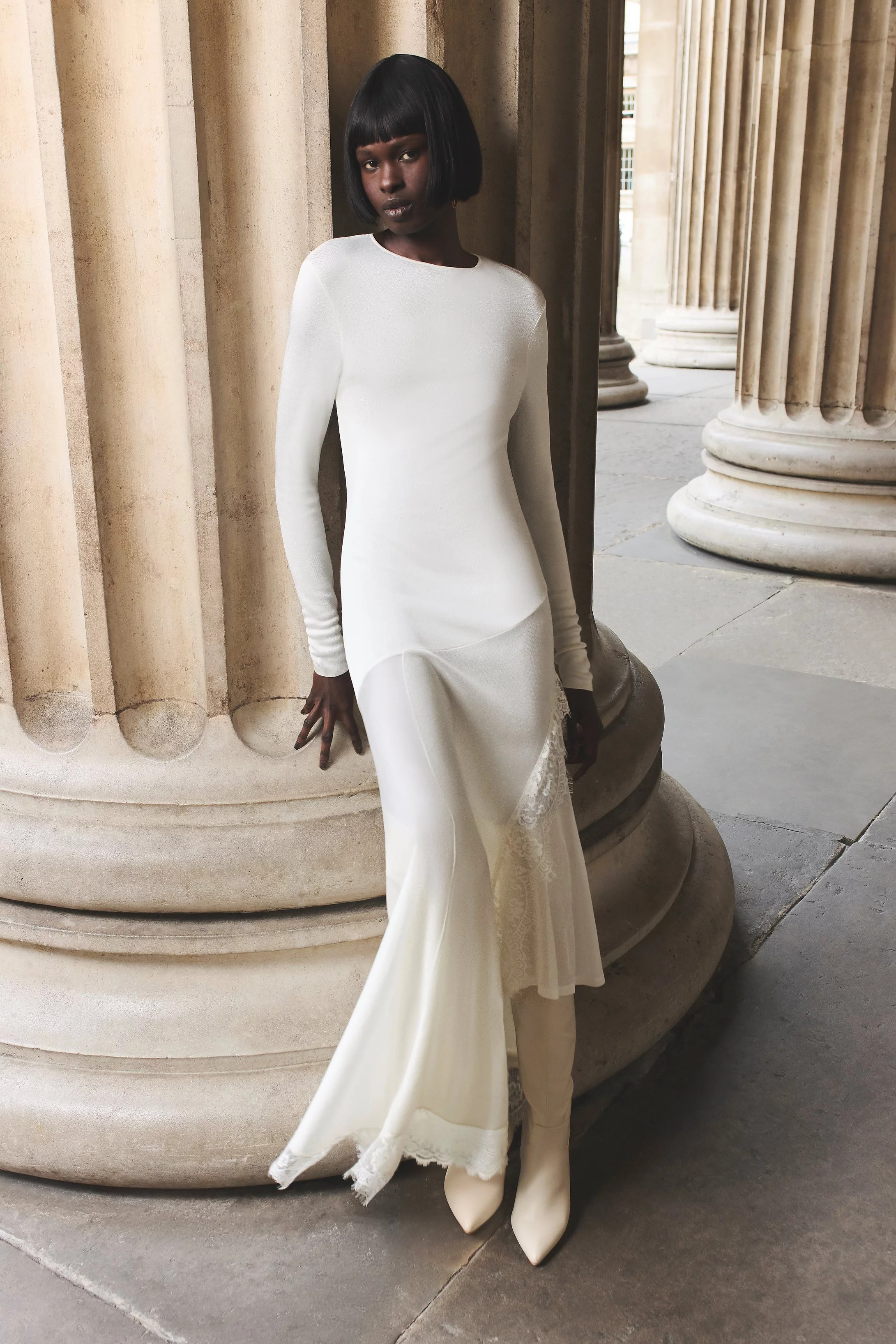 Viscose Blend Slinky Sheer Lace Detail Asymmetric Knit Midaxi Dress | Karen Millen | Karen Millen US