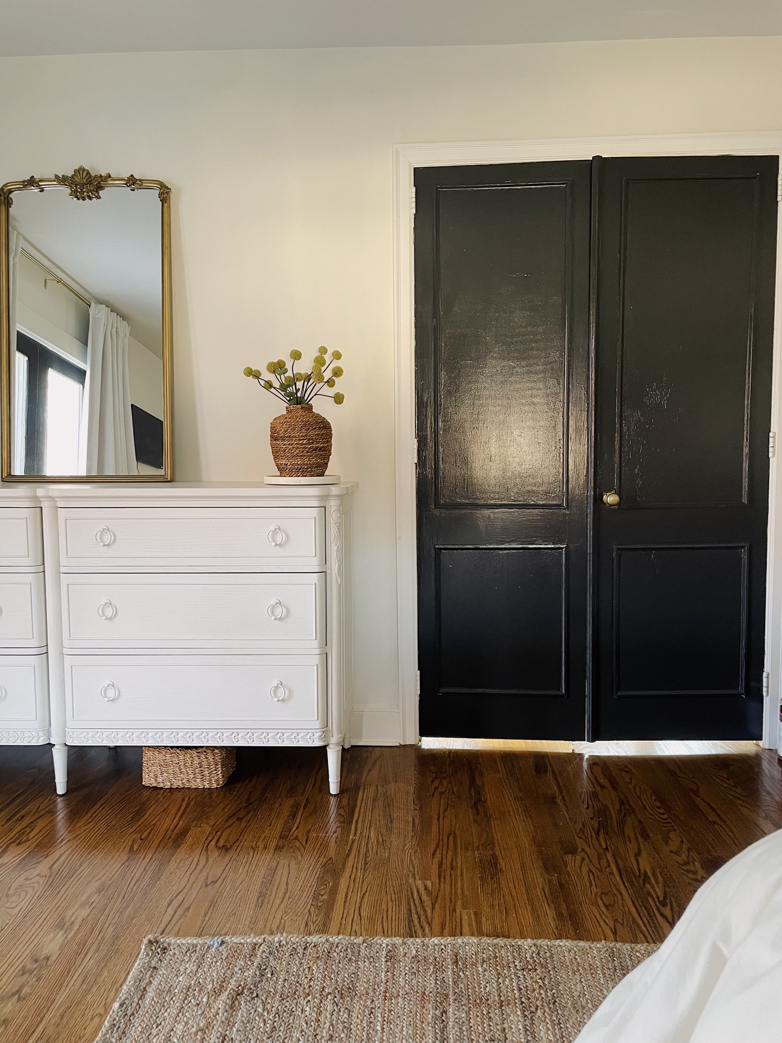 White and black bedroom gold Anthro mirror

#LTKhome