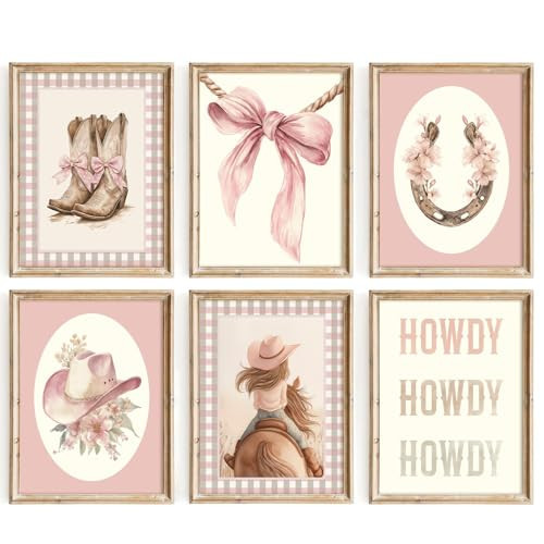 Western Cowgirl Nursery Wall Art Decor Vintage Girl Room Canvas Poster Pink Coquette Nursery Art Prints Preppy Aesthetic Pictures Bow Floral Boots Artwork for Girls Bedroom 12x16 Inch Unframed 6Pcs | Amazon (US)