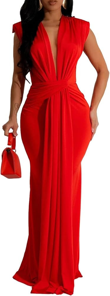Yuopeid Women's Sexy Sleeveless Deep V Neck Fashion Ruched Bodycon Floor Length Formal Evening Pa... | Amazon (US)
