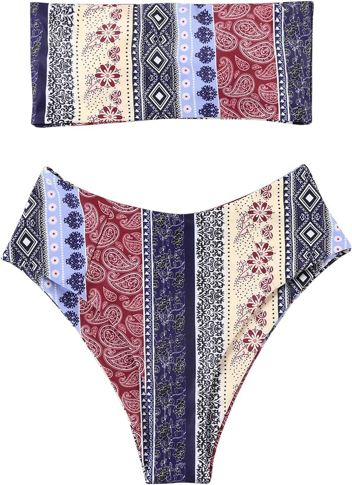 OMKAGI Women's 2 Pieces Bandeau Bikini Swimsuits Off Shoulder High Waist Bathing Suit High Cut | Amazon (US)
