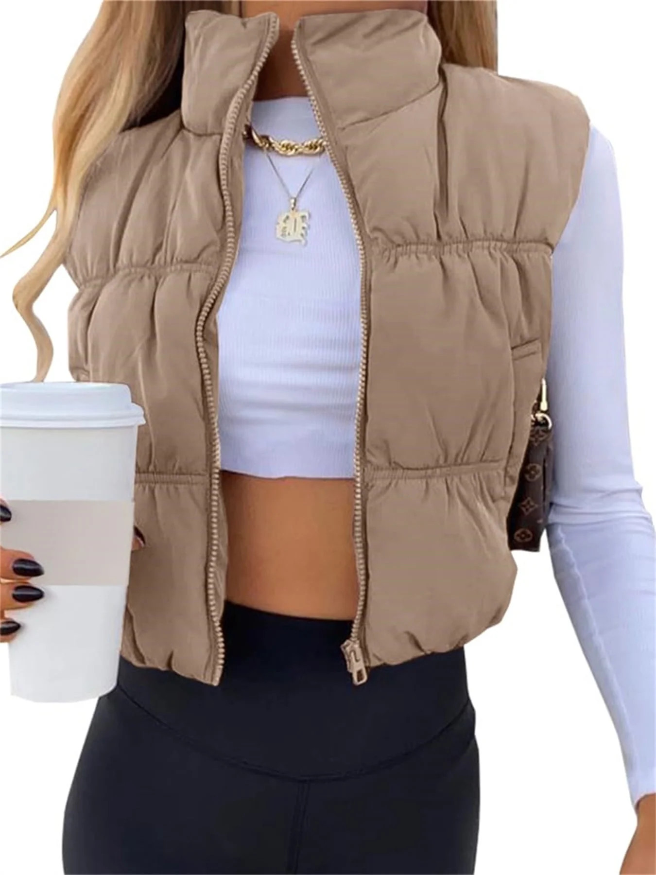 Women's Crop Puffer Vest Zip Up Front Lightweight Warm Long Sleeve Tops | Walmart (US)