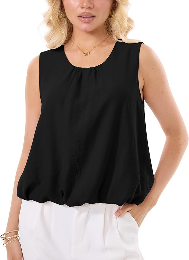 Women's Bubble Hem Pleated Tank Tops Relaxed Fit Textured Sleeveless Blouses 2026 Summer Fashion ... | Amazon (US)
