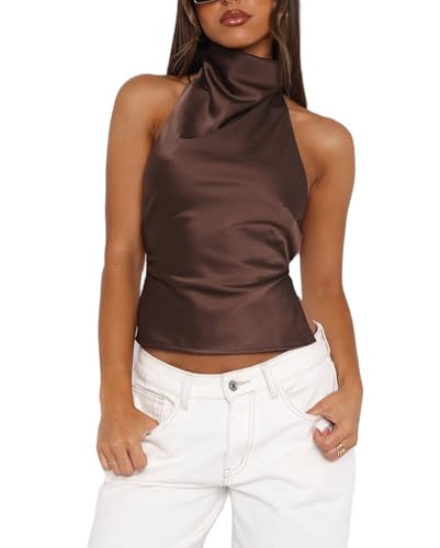 Womens Mock Neck Satin Tank Tops Backless Silk Halter Top Sexy Open Back Sleeveless Crop Tank Top Dressy Casual (Dark Brown, M) | Amazon (US)