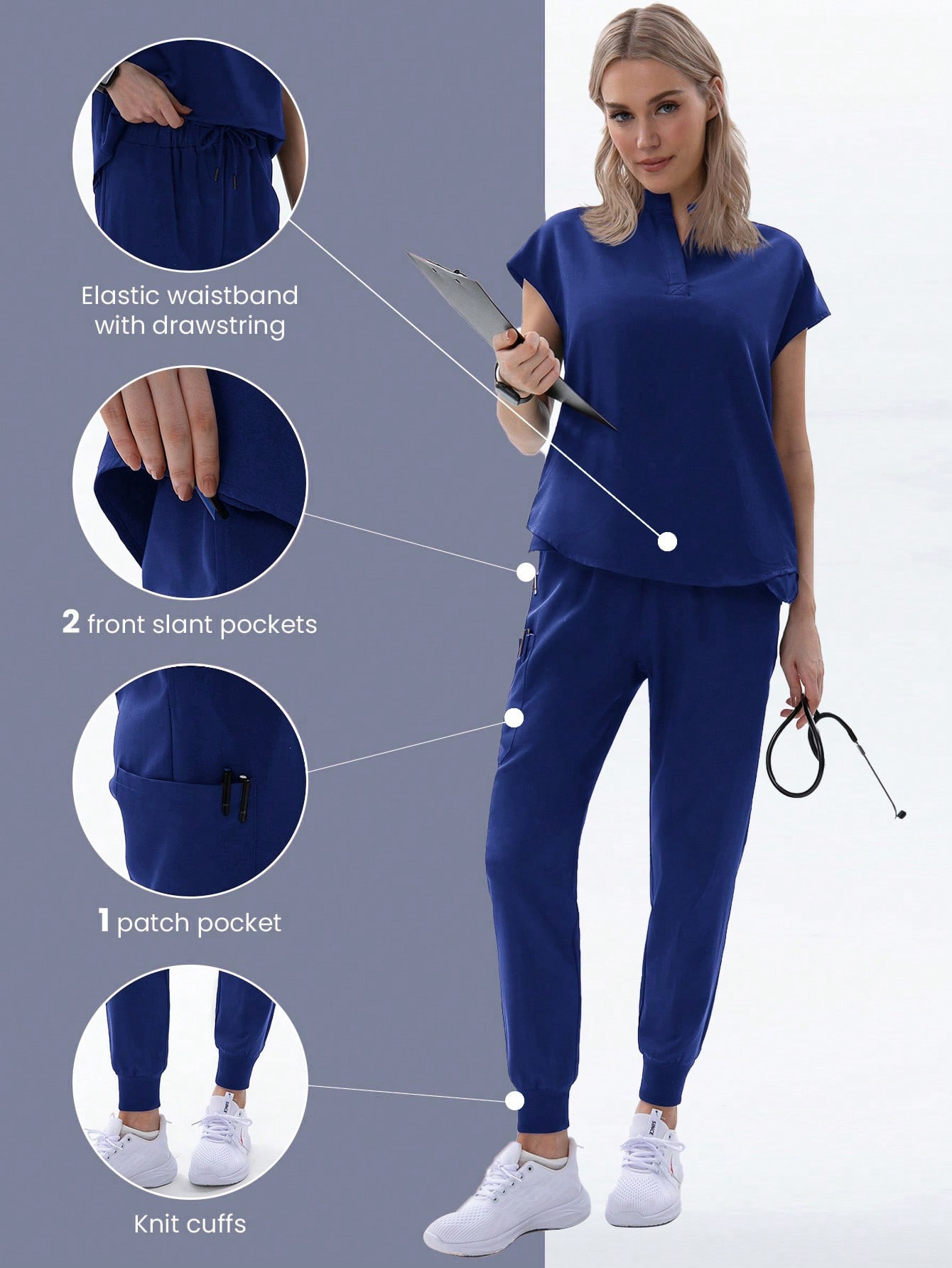 SHEIN TaskFit Women's Summer Nurse Uniform Jogging Set, Stretchy Top And Trousers With Multiple P... | SHEIN