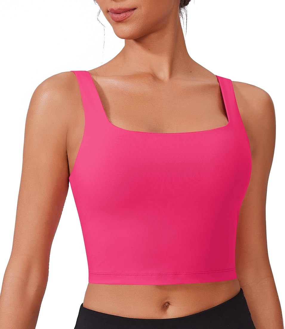 PINSPARK Sports Bra for Women Square Neck Longline Tank Top with Built in Bra | Amazon (US)