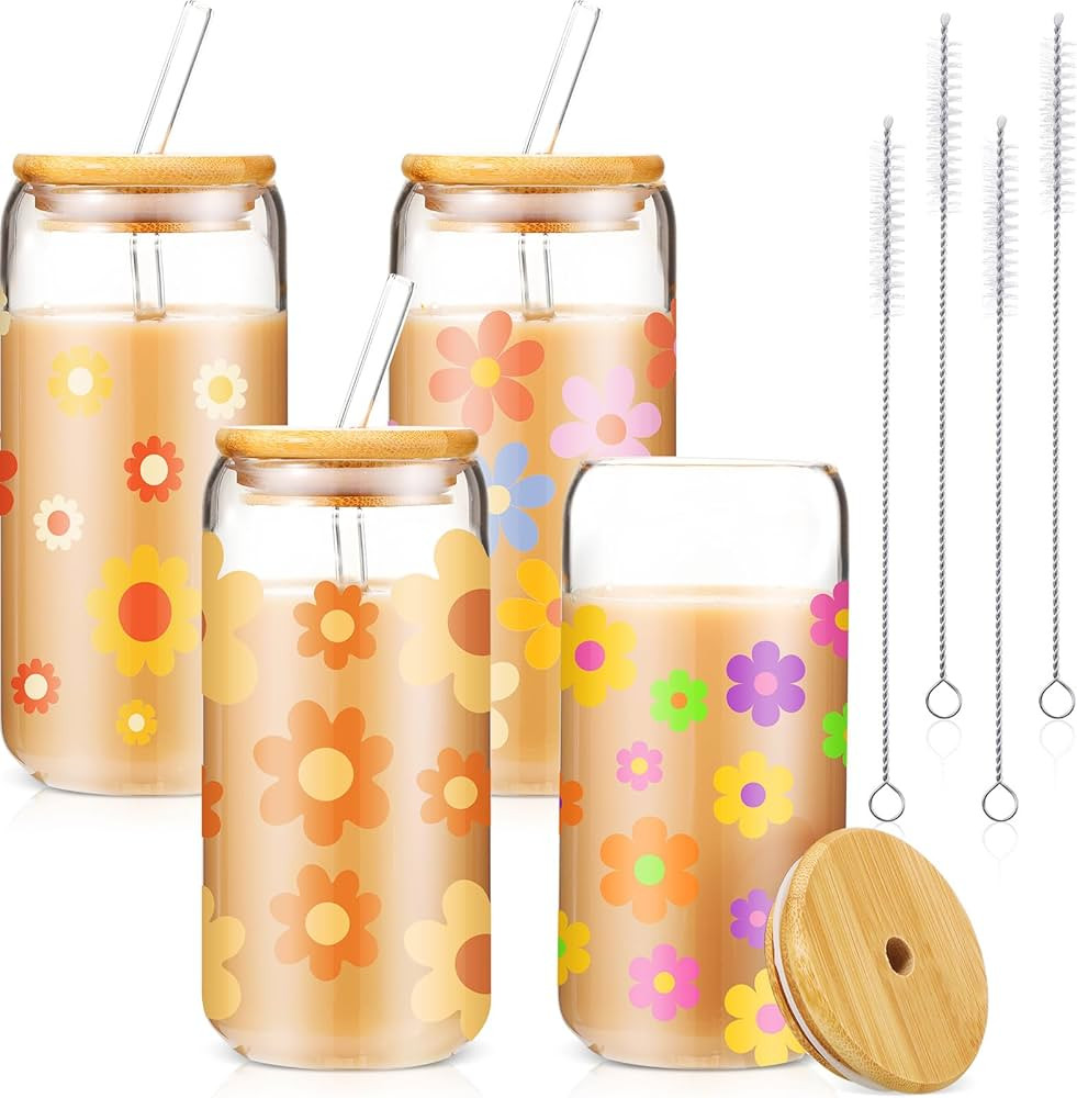 Cunhill 4 Pcs Iced Coffee Cup with Bamboo Lid and Straw 16oz Employee Appreciation Gift Glasses D... | Amazon (US)