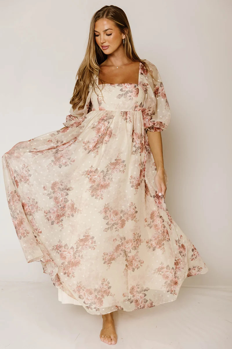 Mona Floral Maxi Dress in Beige Rose - Bump Friendly & Inclusive Sizin | Worth Collective