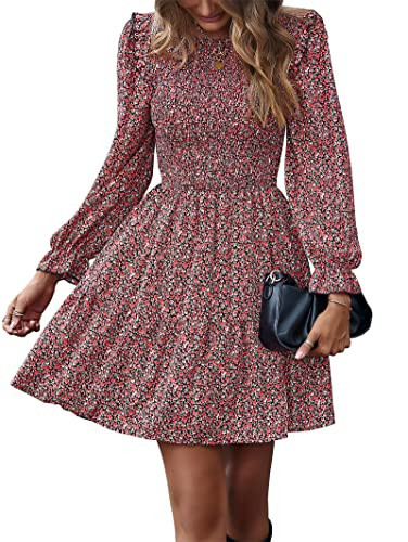 KIRUNDO Long Sleeve Dress for Women 2025 Summer Fall Wedding Guest Smocked Floral Crewneck Ruffle A Line Flowy Mini Dress Wine Red | Amazon (US)