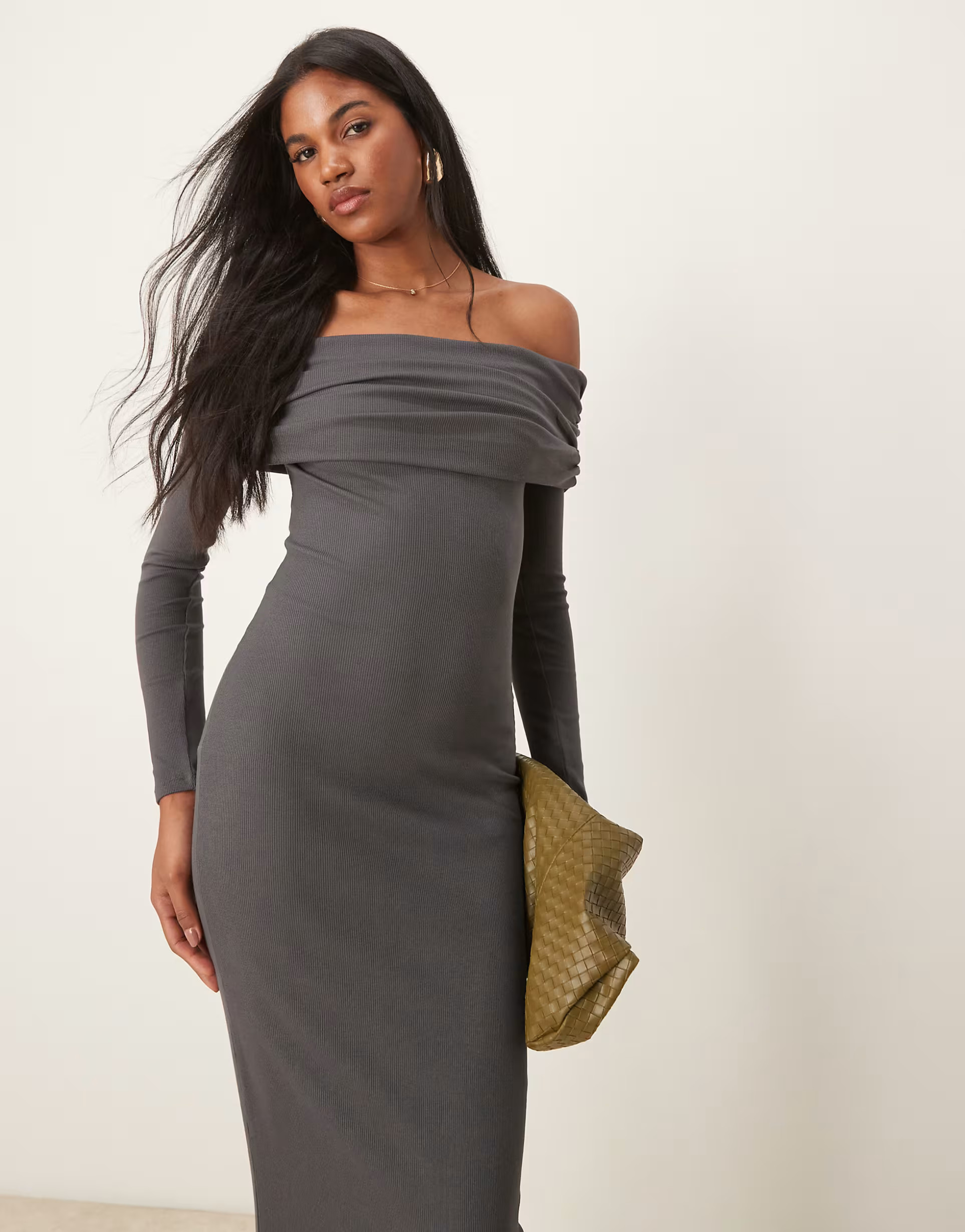 Miss Selfridge long sleeve bardot maxi dress in gray | ASOS (Global)