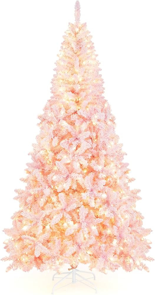 Goplus 7.5ft Pink Pre-Lit Christmas Tree, Hinged Artificial Snow Flocked Xmas Tree with 1100 PVC ... | Amazon (US)