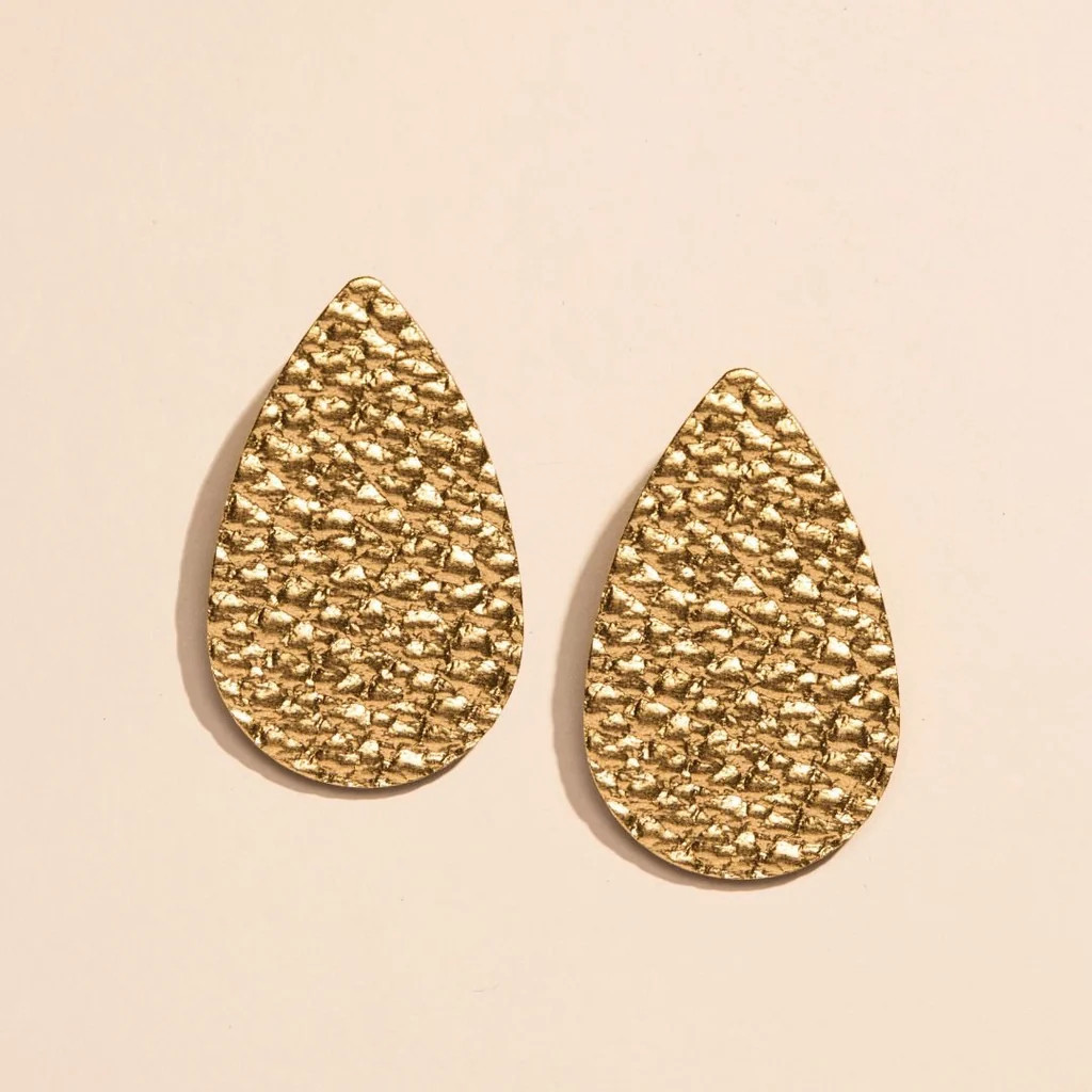 Hammered Gold Post Teardrop Leather Earrings | Nickel and Suede