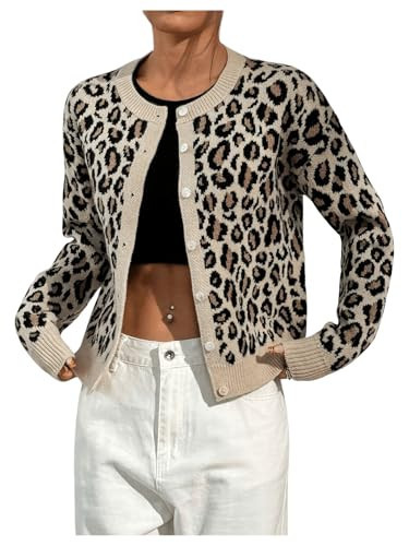 BEAUDRM Women's Cheetah Cardigan Sweater Y2K Leopard Print Cardigans Drop Shoulder Button Down Sweaters Crewneck Knit Top Brown X-Small | Amazon (US)