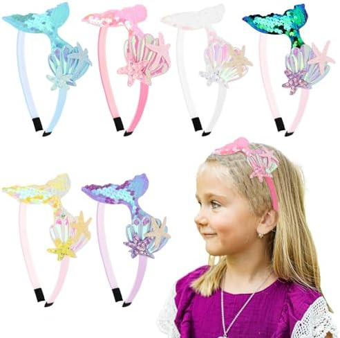 YARIEW 6 Pcs Mermaid Tail Headbands for Girls - Glitter Sequins Starfish Hair Accessories for Mer... | Amazon (US)