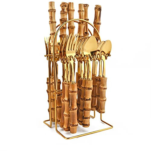 Snplowum 24-Piece Gold Stainless Steel Flatware Set, Bamboo Handle Cutlery with Stand Dinnerware Set Include Knife Fork Spoon And Teaspoon, Service For 6, Mirror Finished. | Amazon (US)