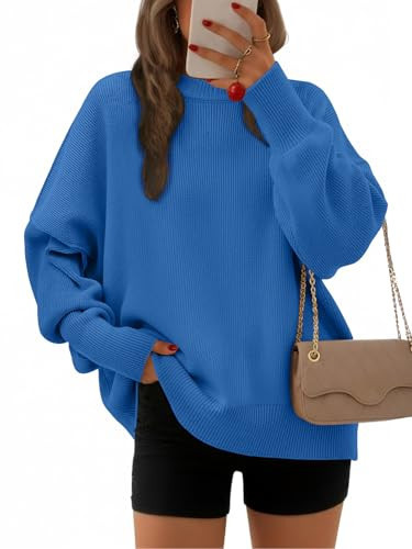 EFAN Women's Oversized Sweaters 2025 Fall Trendy Crewneck Batwing Sleeve Chunky Knit Long Pullover Cute Tunic Tops Dress Winter Clothes Cashmere Fashion Outfits Ladies Clothing Blue S | Amazon (US)