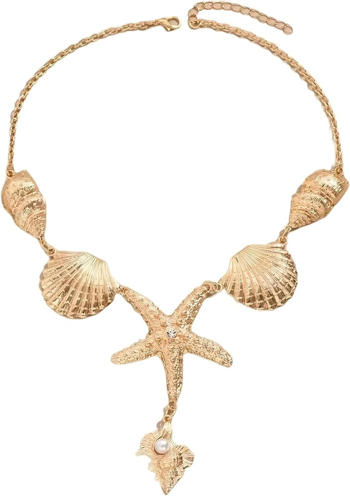Gold Plated Exaggerated Y-Shaped Necklace With Oceanic Creatures Seastar, Shell And Conch Pendant | Amazon (US)