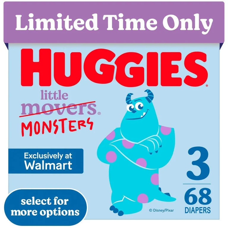 Huggies Little Movers Baby Diapers, Little Monsters Edition, Size 3 (16-26 lbs), 68 Count | Walmart (US)