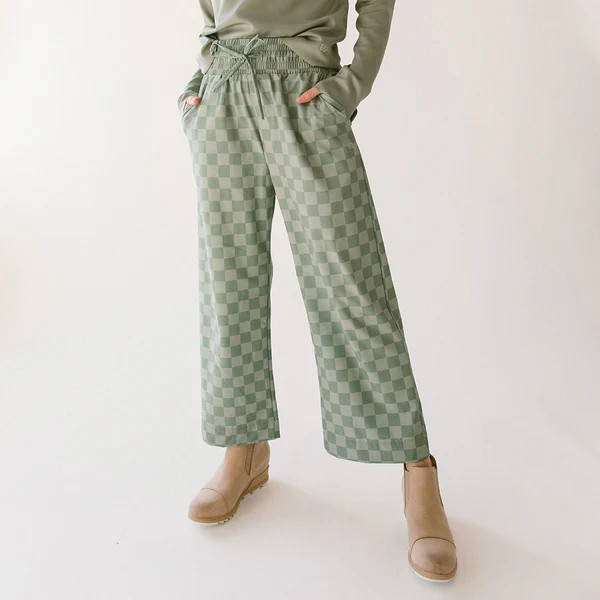 Audrey Wide Leg Pants, Olive Checkers | Albion Fit