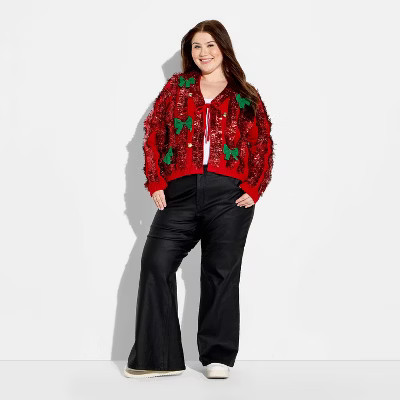 Women's Tinsel Festive Graphic Cardigan - Red 2X | Target
