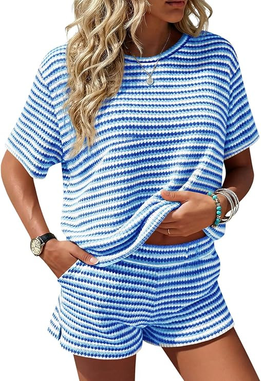 Fisoew Womens Striped 2 Piece Short Sets Casual Short Sleeve Outfits Shirts Tops Knit Workout Mat... | Amazon (US)
